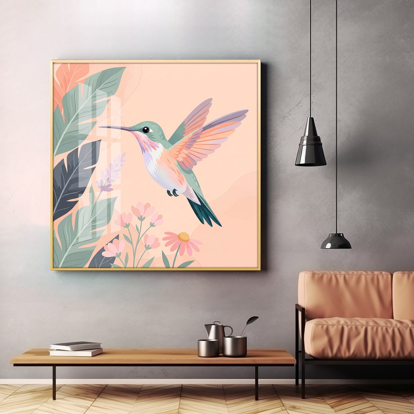 Hummingbird In Flight & Flowers Premium Acrylic Square Wall Art