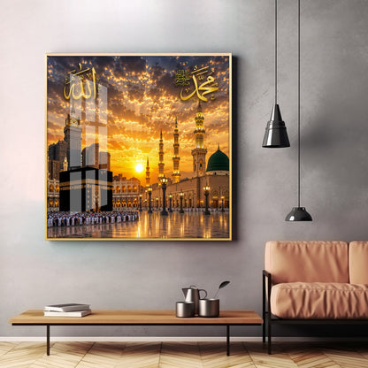 Holy Kaaba & The Prophet's Mosque Premium Acrylic Square Wall Art