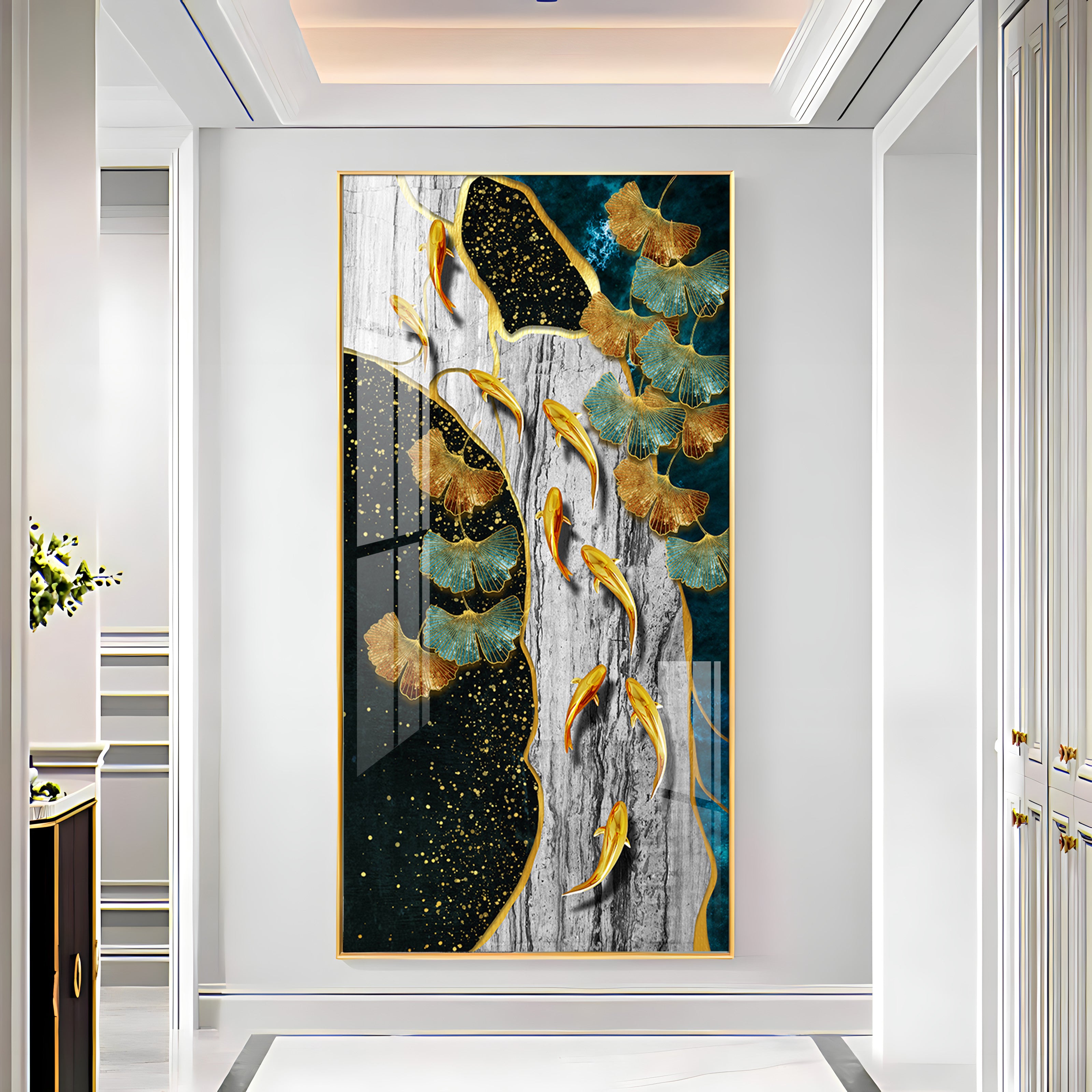 Gold Fish & Feathers Premium Acrylic Vertical Wall Art