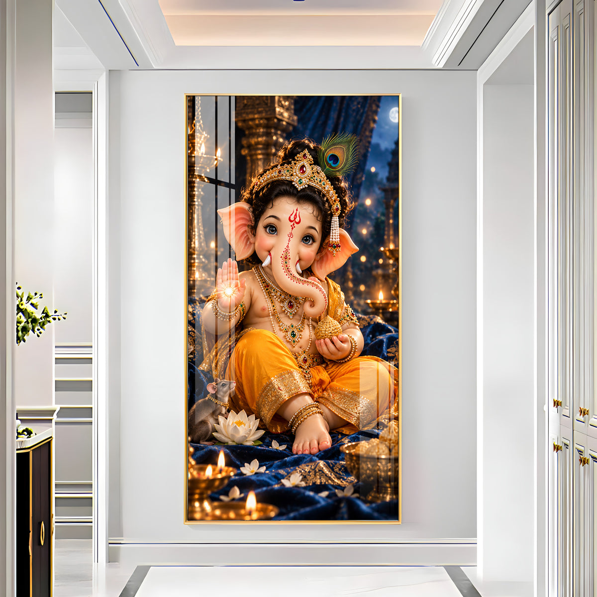 Bal Ganesh Peacock Feather Premium Acrylic Vertical Wall Art