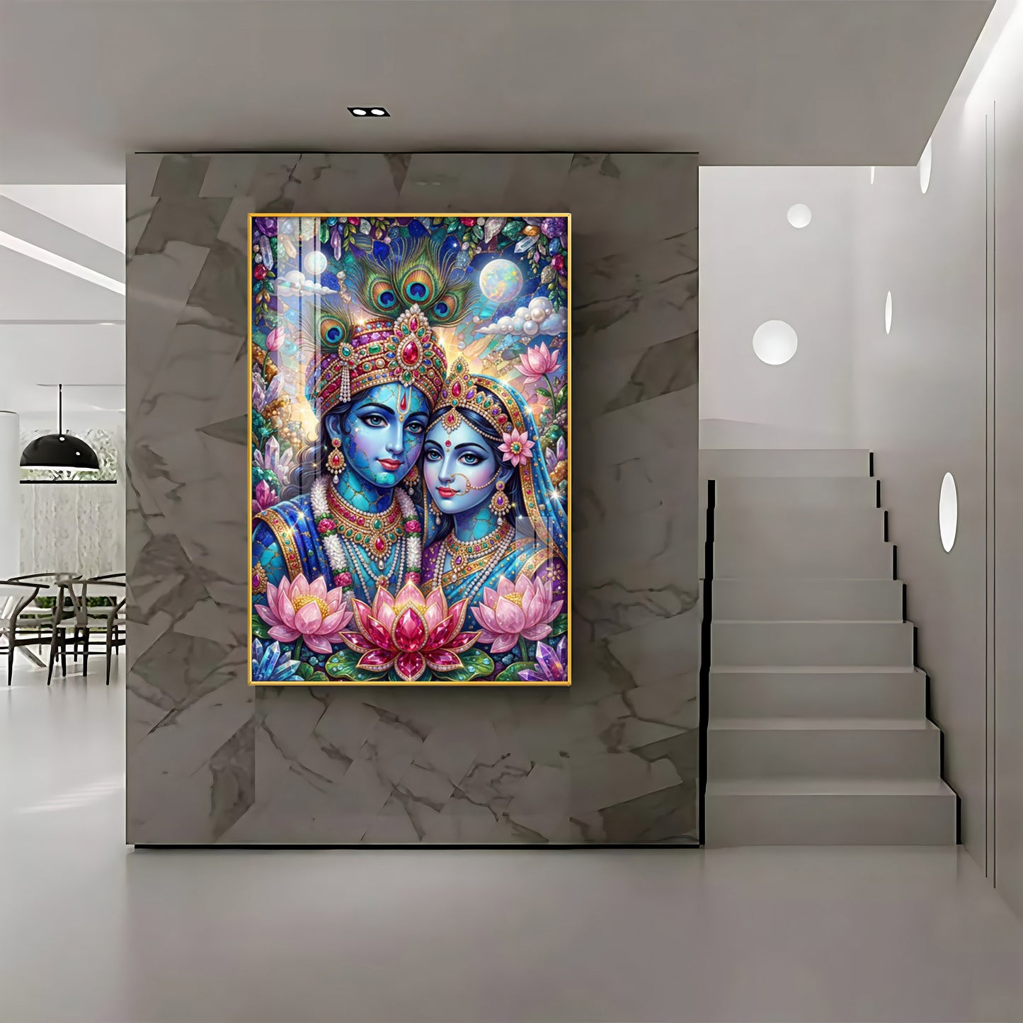 Radha Krishna With Blooming Lotus Flowers Premium Acrylic Vertical Wall Art