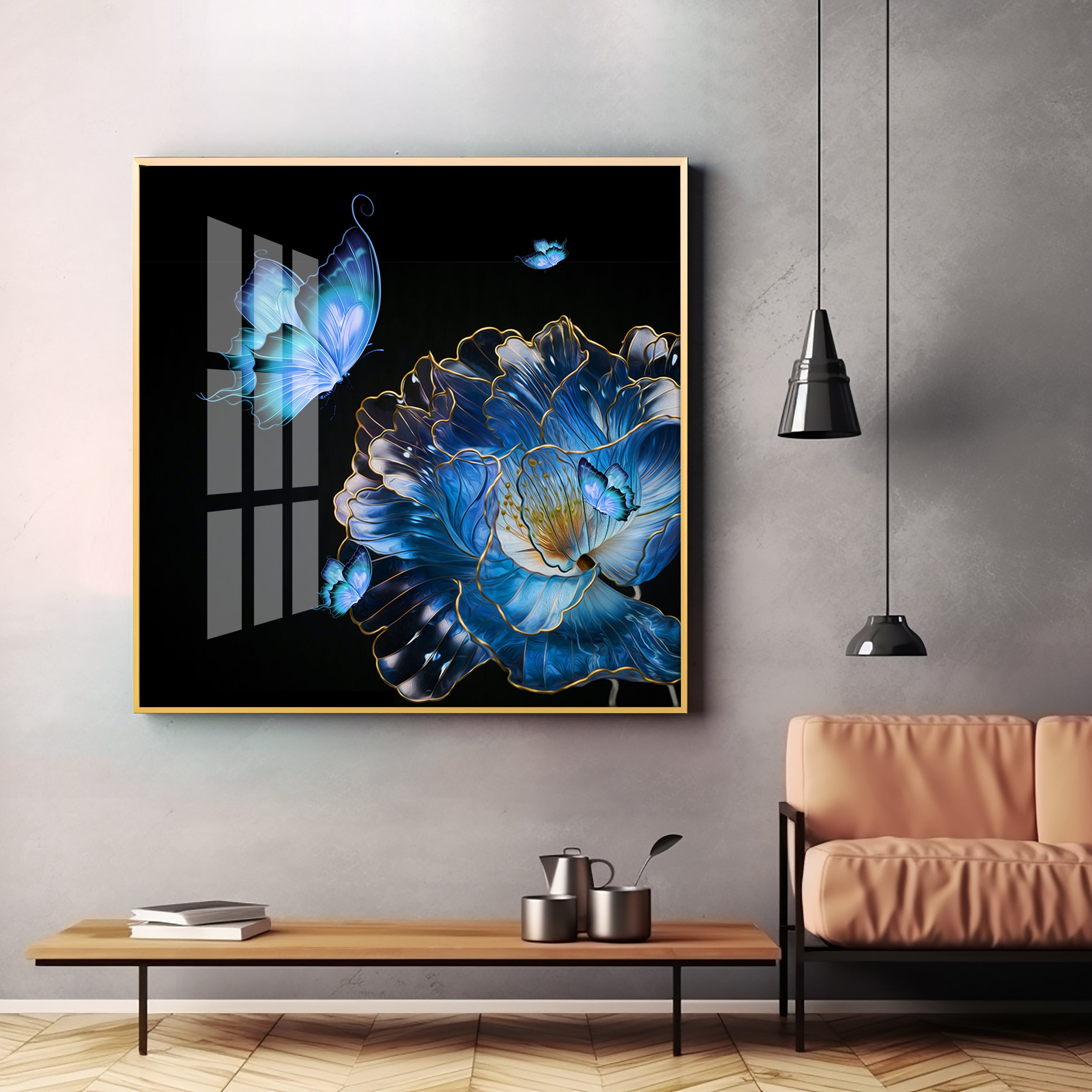 Blue Butterfly With Blue Flower Premium Acrylic Square Wall Art