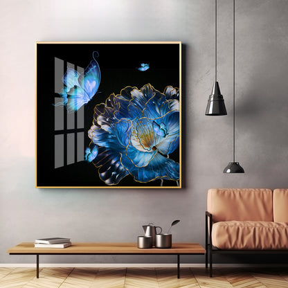 Blue Butterfly With Blue Flower Premium Acrylic Square Wall Art