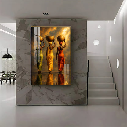 Rural Women Carrying Water Premium Acrylic Vertical Wall Art