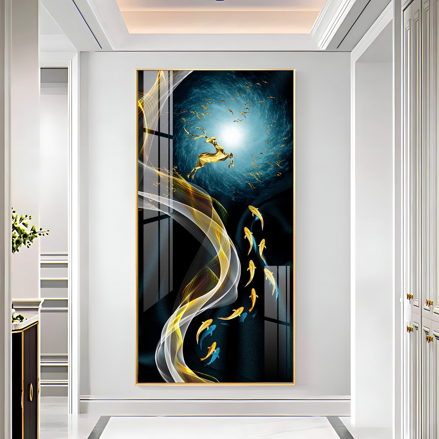 Golden Deer & Fish Premium Acrylic Vertical Wall Art