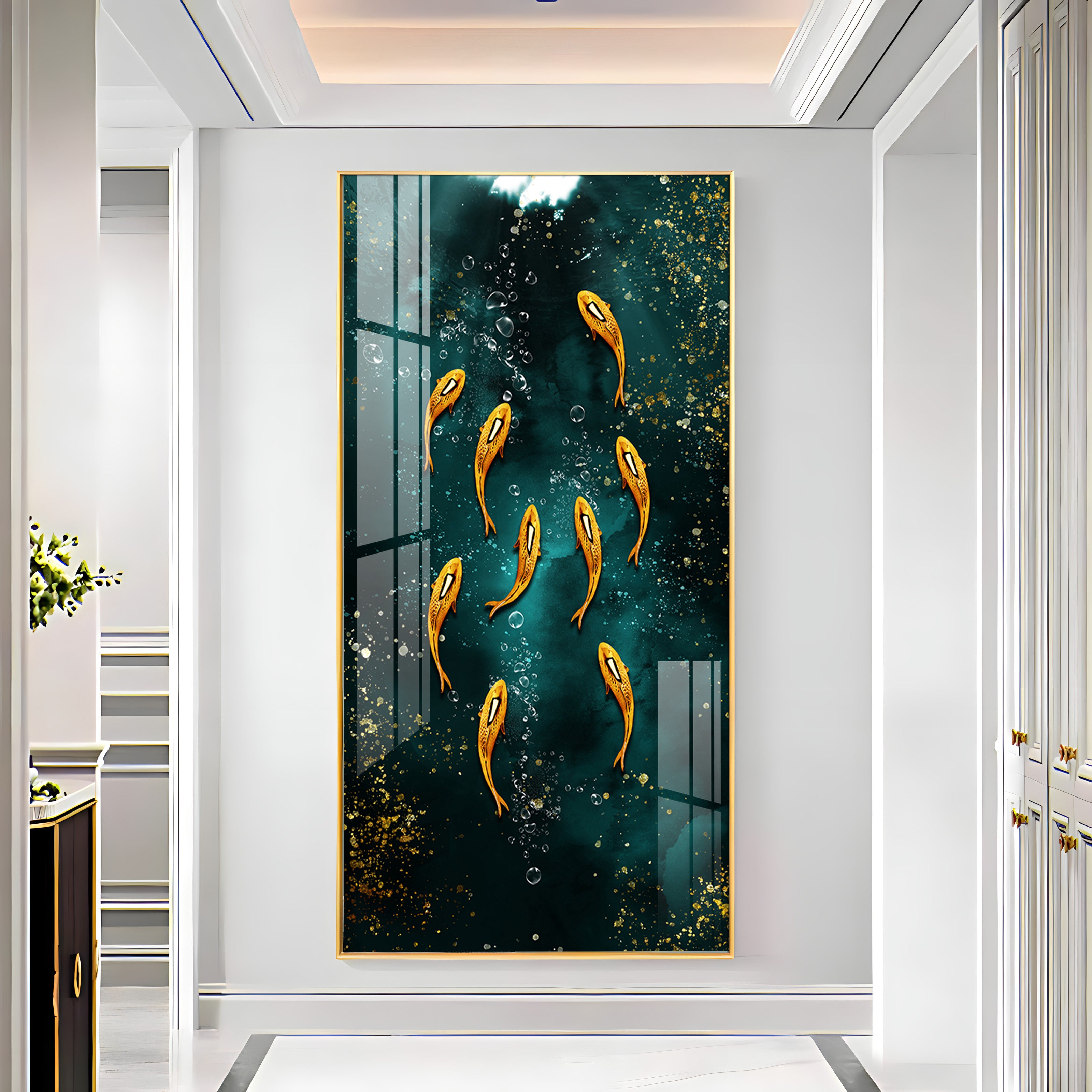 Golden Koi Fishes in Greenery Premium Acrylic Vertical Wall Art