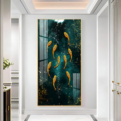 Golden Koi Fishes in Greenery Premium Acrylic Vertical Wall Art