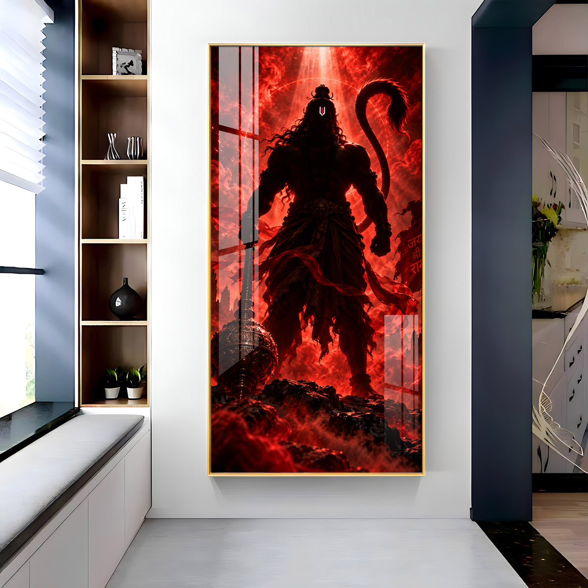 Hanuman Silhouette in Red Glow Premium Acrylic Vertical Wall Art