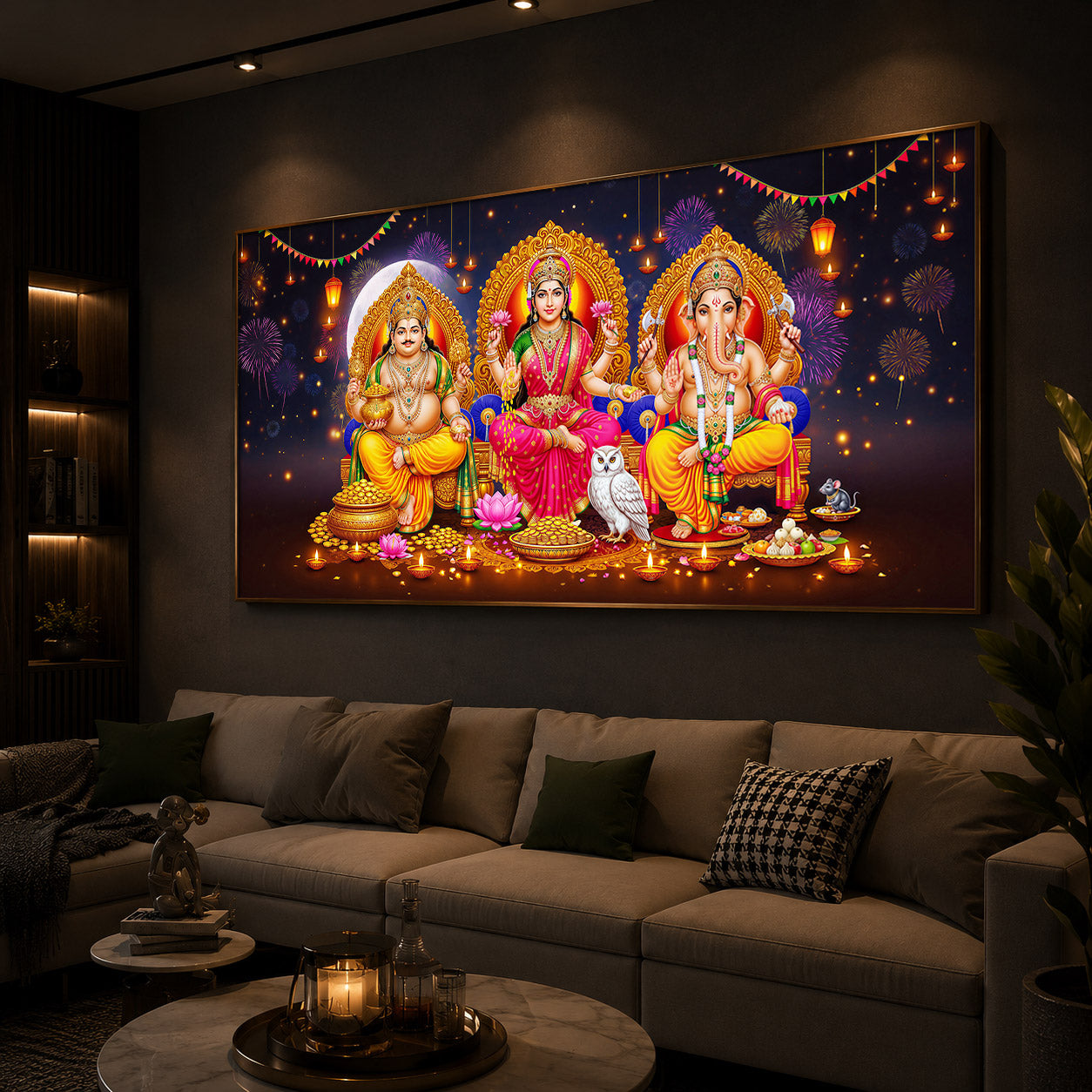 Lord Kubera,Goddess Lakshmi & Lord Ganesha Modern Luxury Backlight Horizontal Wall Art