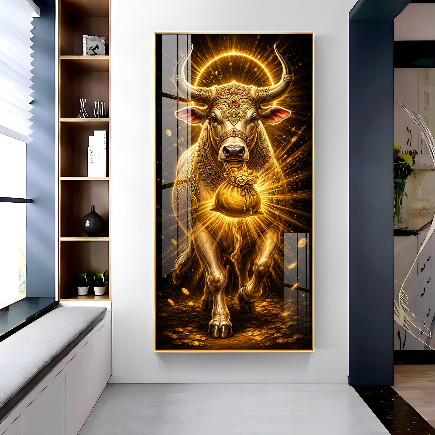Golden Bull With Bag Of Wealth Premium Acrylic Vertical Wall Art