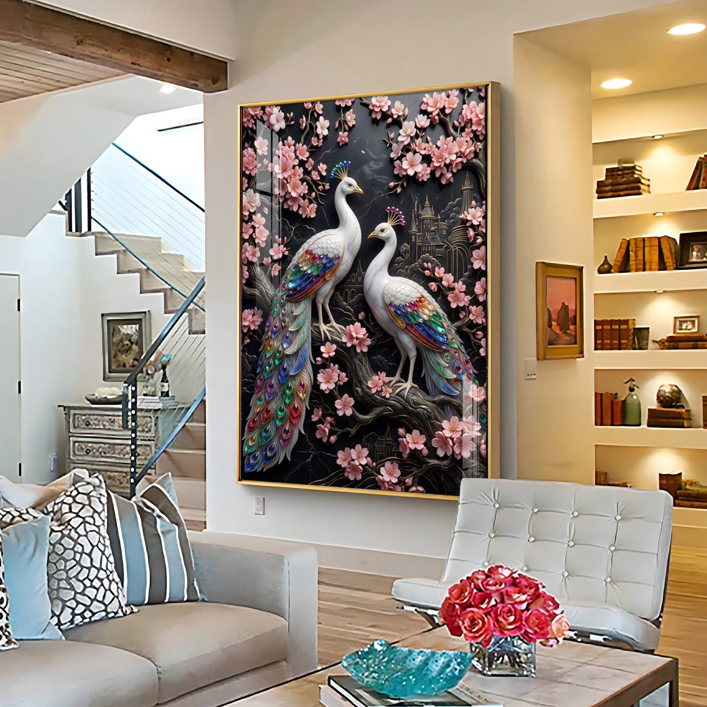 White Peacock Pair Premium Acrylic Vertical Wall Art