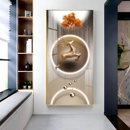 Golden Deer With Orange Tree Premium Acrylic Vertical Wall Art