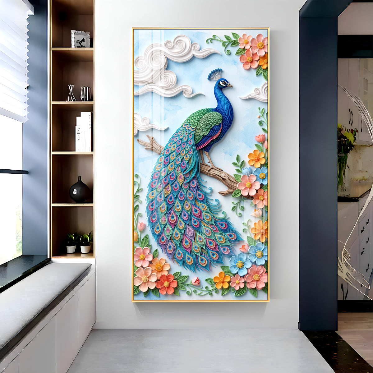 Elegant Pastel Floral Quilling Style Peacock Premium Acrylic Vertical Wall Art