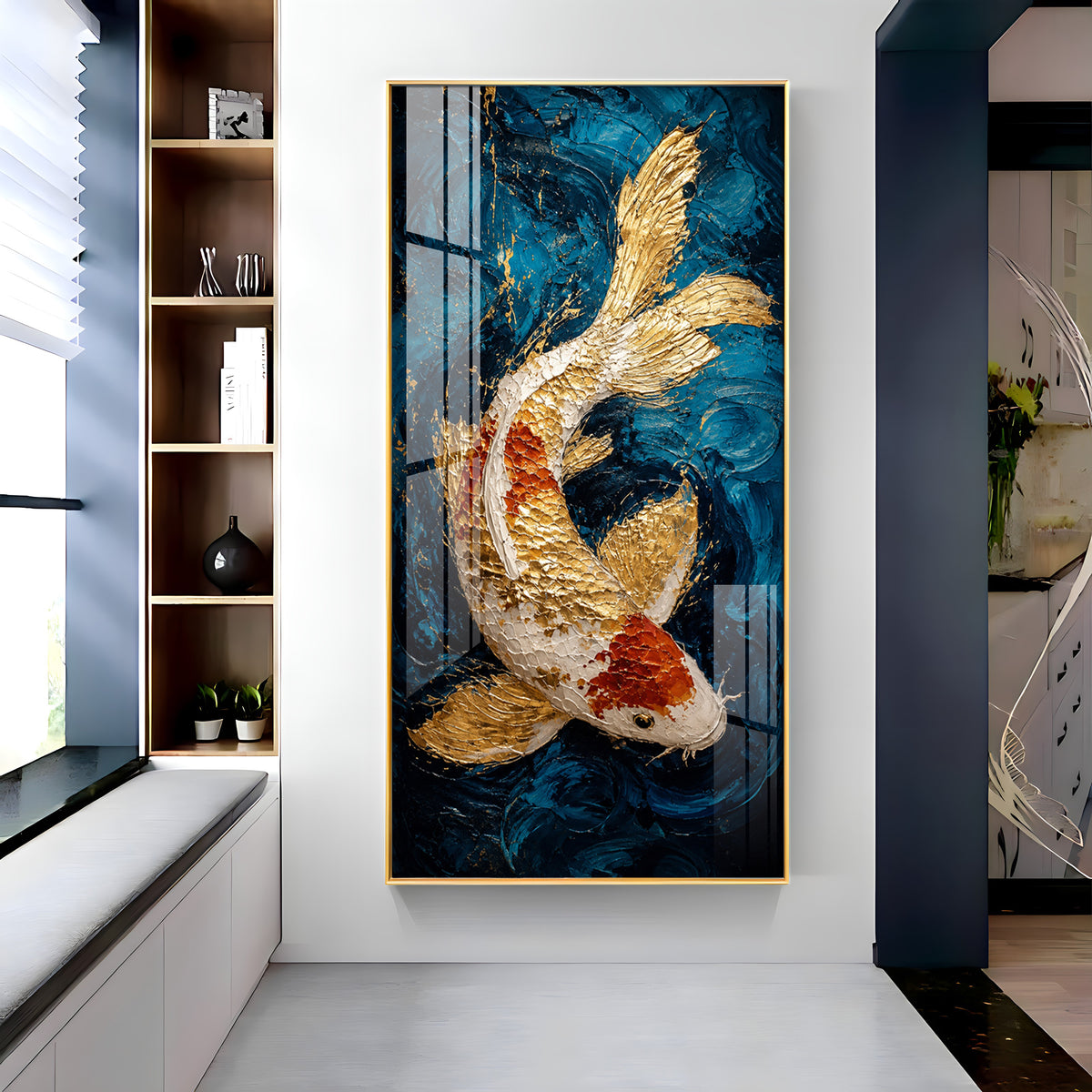Majestic Golden & Red Koi Fish Deep Blue Background Premium Acrylic Vertical Wall Art