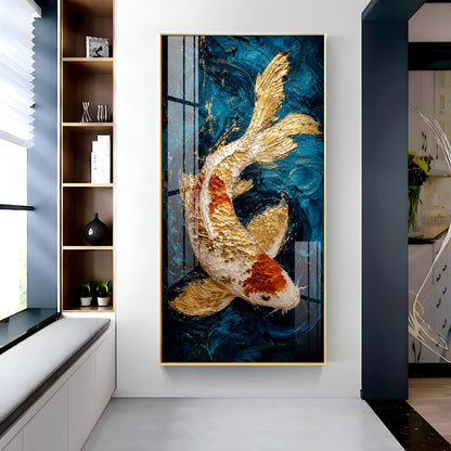 Majestic Golden & Red Koi Fish Deep Blue Background Premium Acrylic Vertical Wall Art