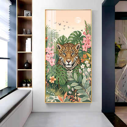 Tropical Jungle Leopard & Floral Leaves Premium Acrylic Vertical Wall Art