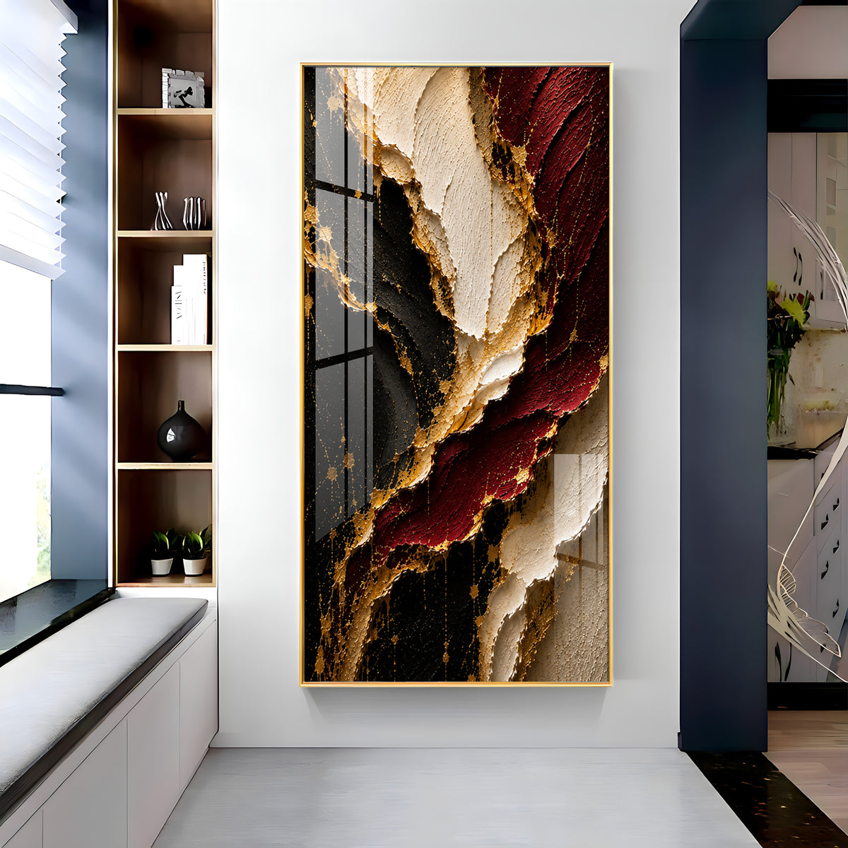 Luxurious Textured Abstract Maroon Black & Gold Premium Acrylic Vertical Wall Art