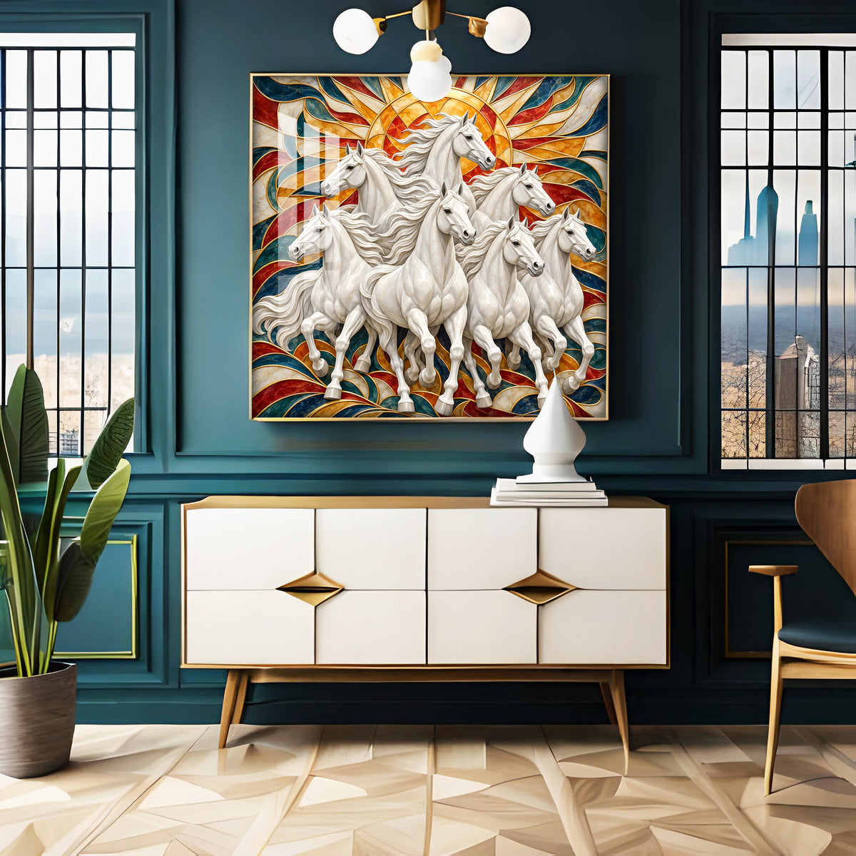 Seven Galloping White Horses Premium Acrylic Square Wall Art