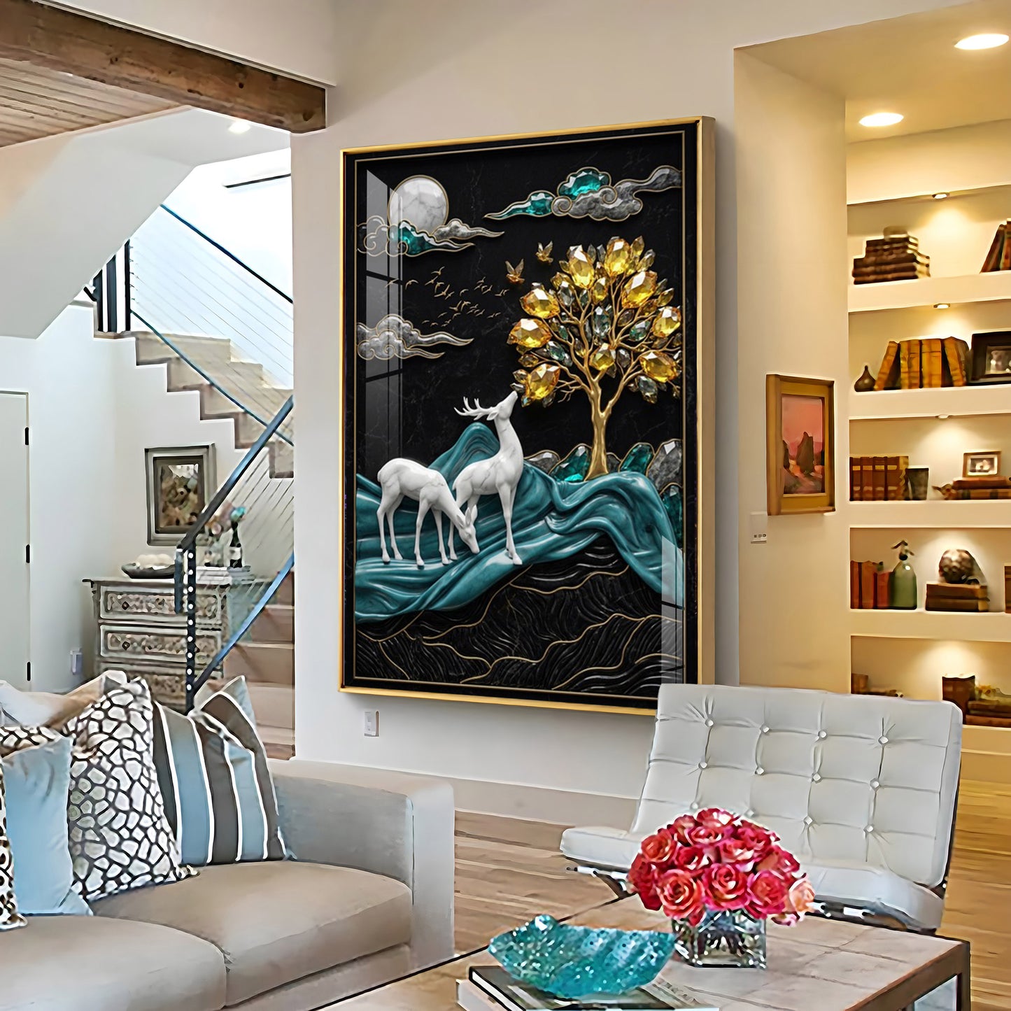 White Deers With Golden Tree Premium Acrylic Vertical Wall Art