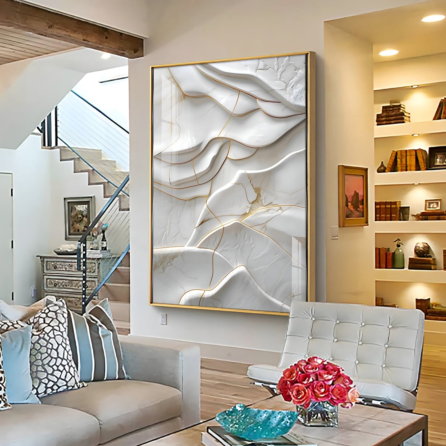 Golden Threaded White Surface Premium Acrylic Vertical Wall Art