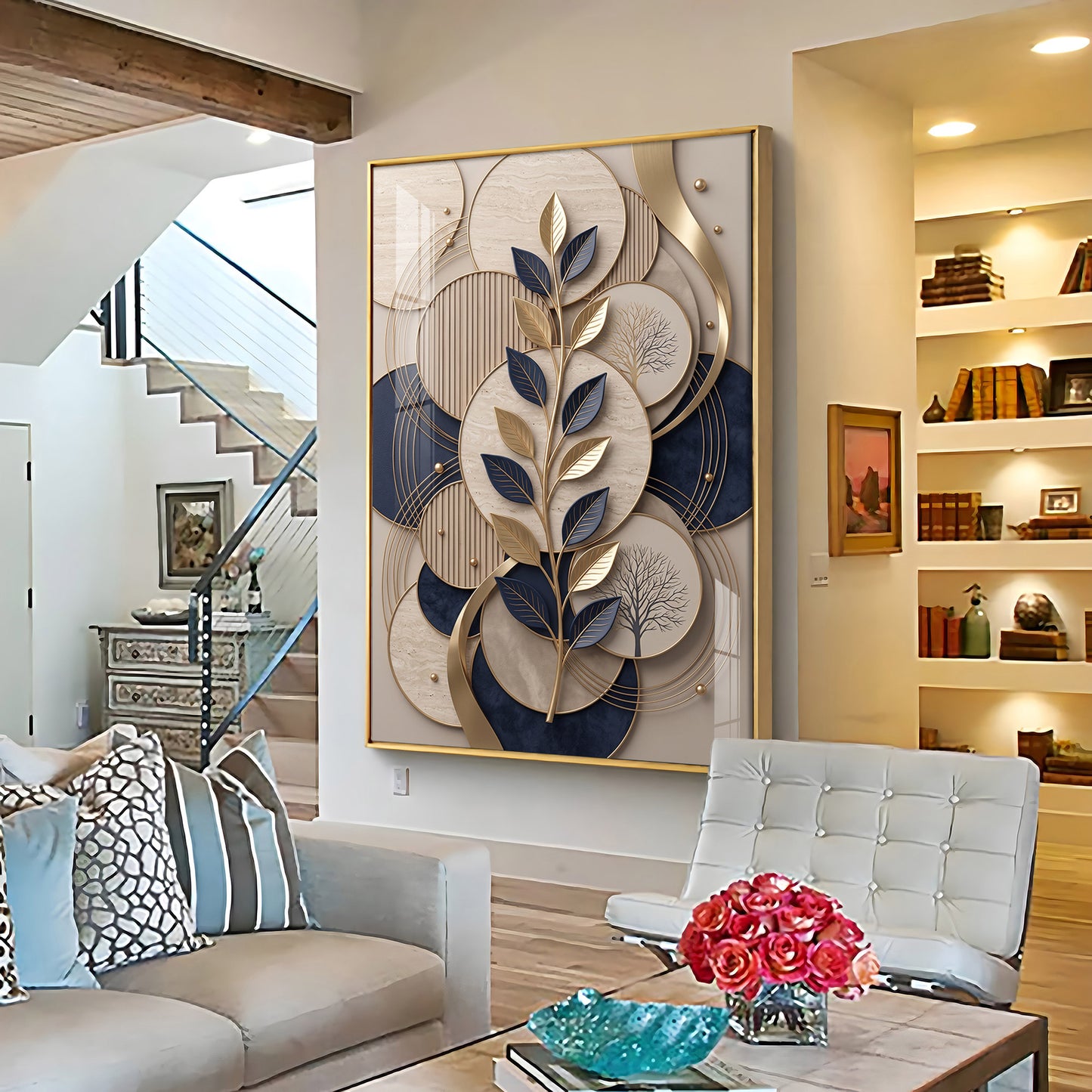Luxury Navy Blue & Gold Leaves Premium Acrylic Vertical Wall Art