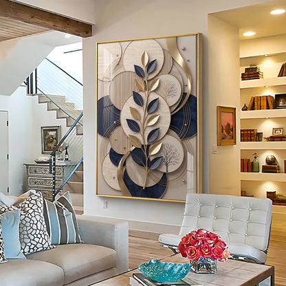Luxury Navy Blue & Gold Leaves Premium Acrylic Vertical Wall Art