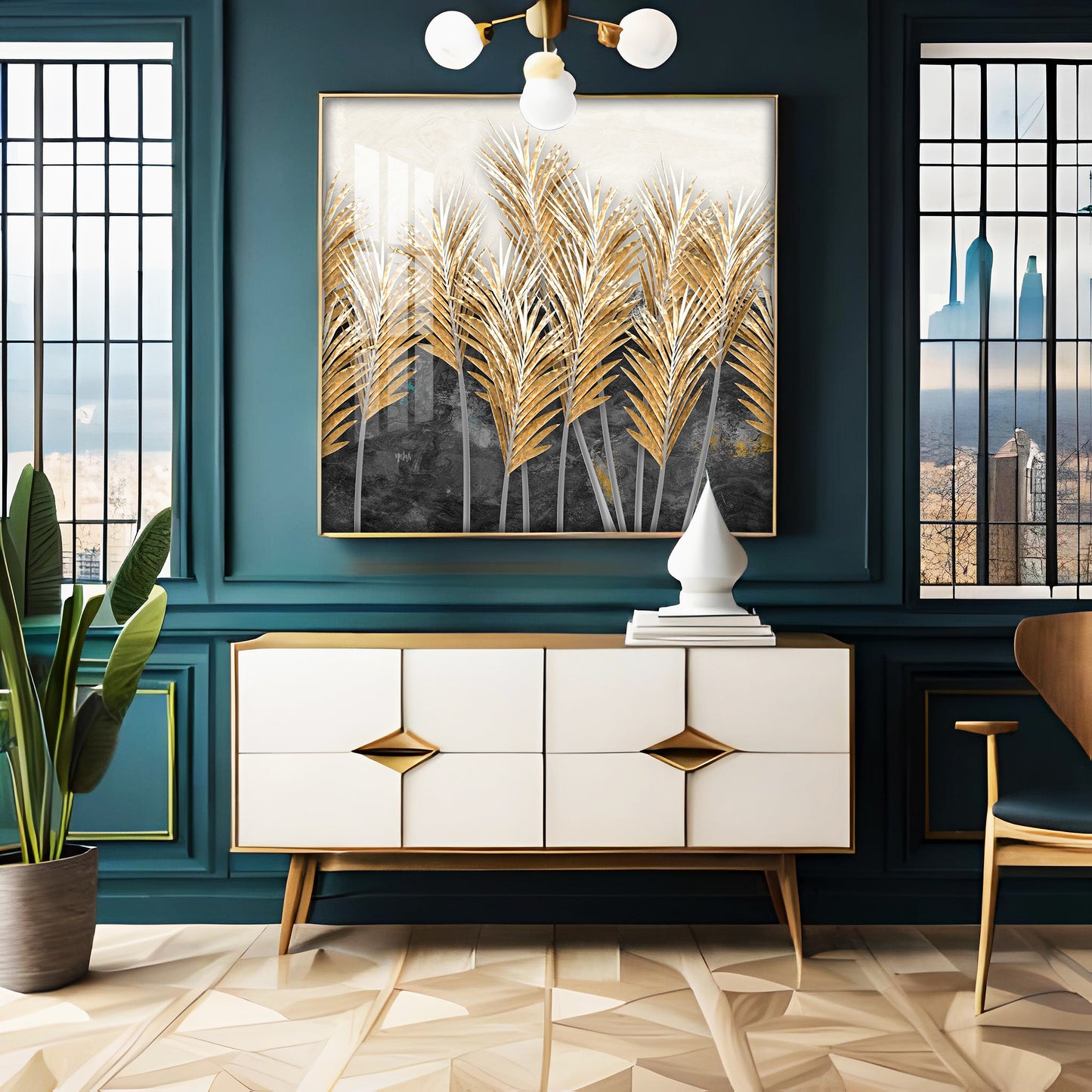 Golden Leafs Plant Premium Acrylic Square Wall Art