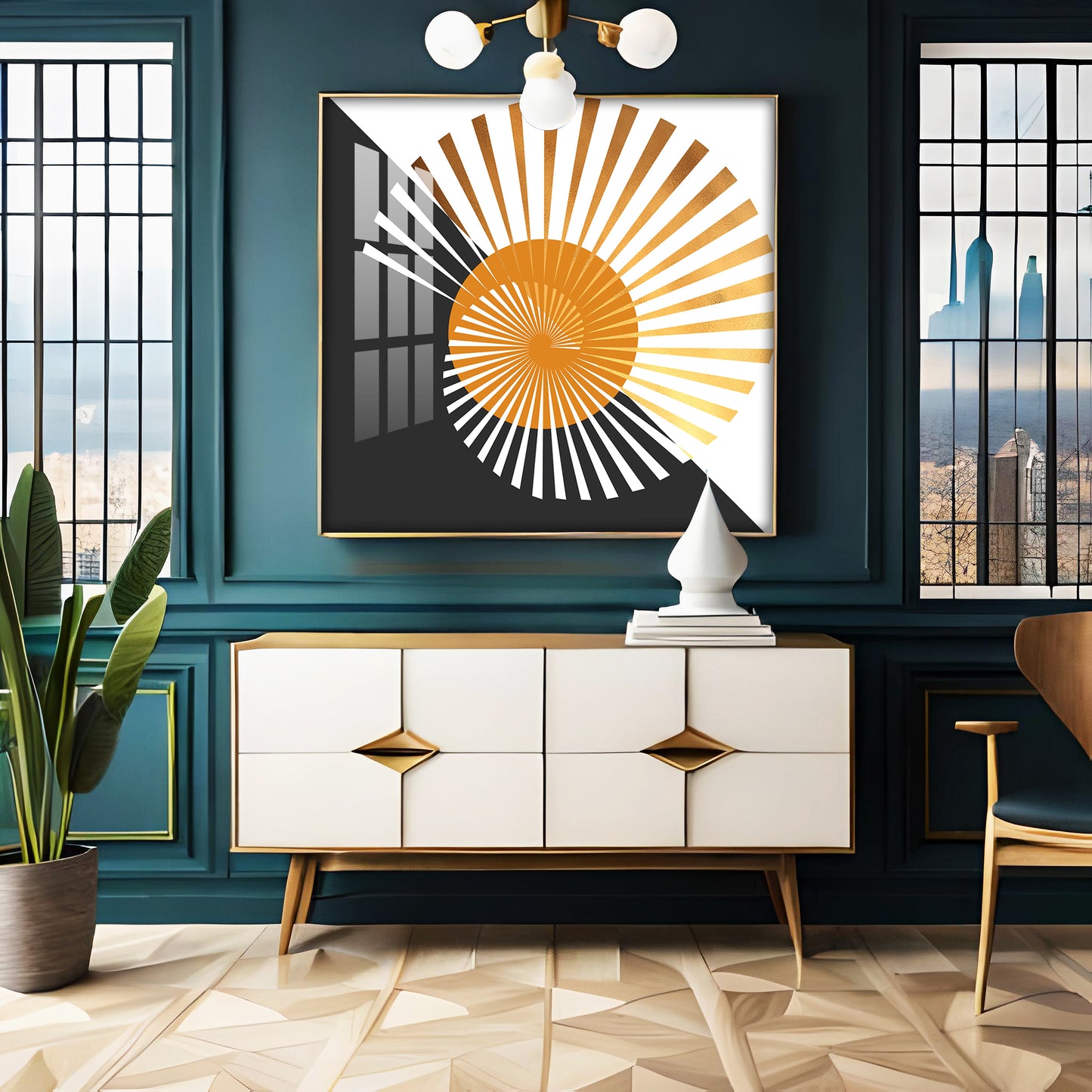 Golden Sunburst Premium Acrylic Square Wall Art