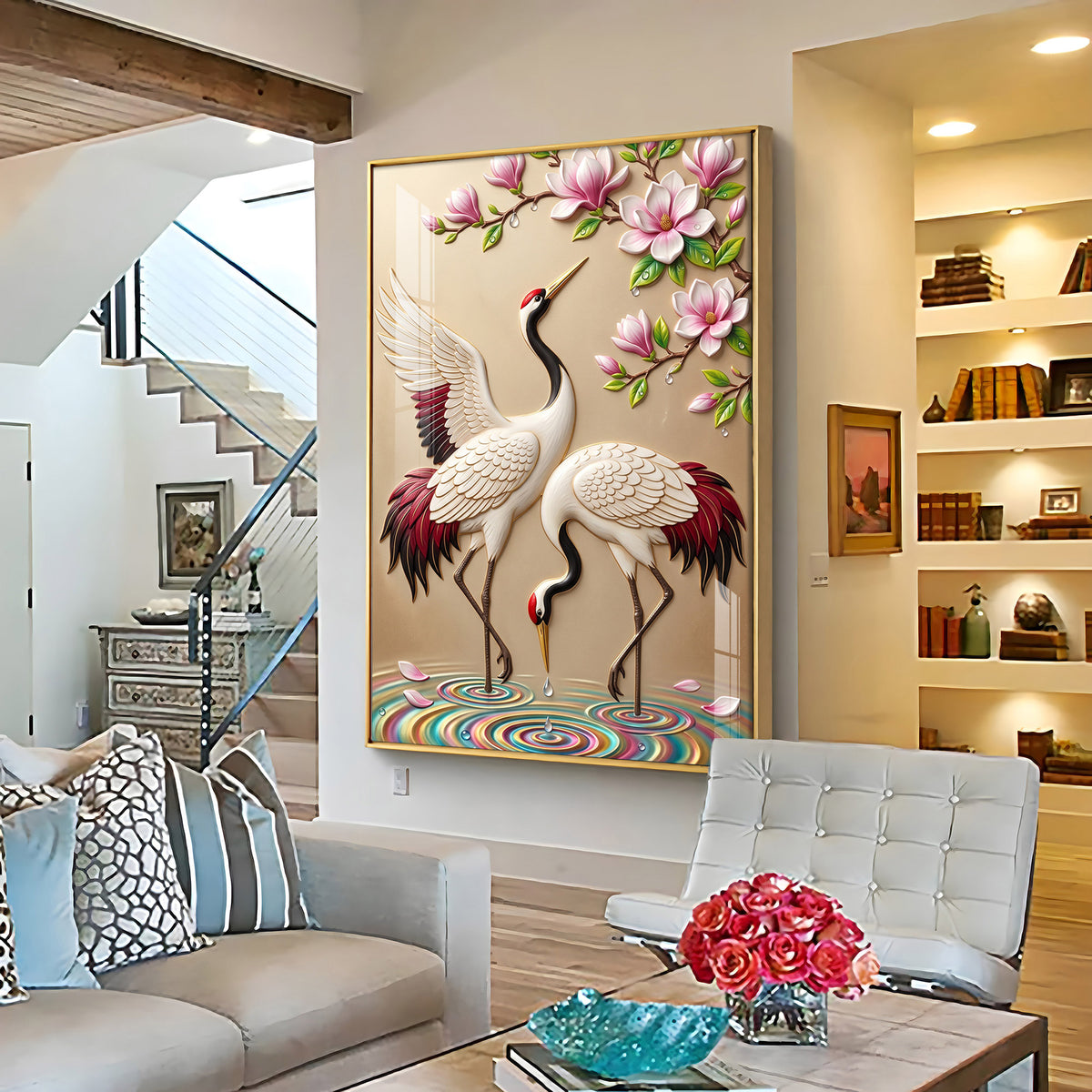 Dancing Cranes & Cherry Blossom Premium Acrylic Vertical Wall Art