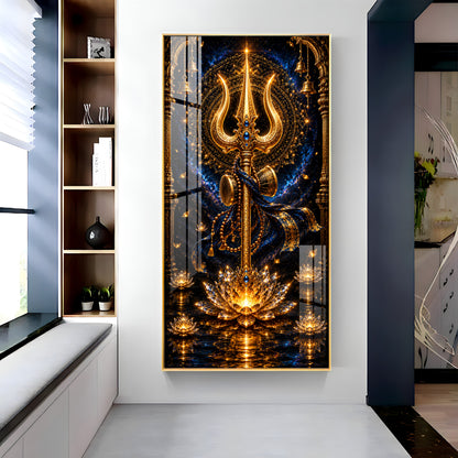 Divine Golden Trishul Premium Acrylic Vertical Wall Art