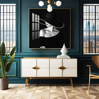 Glamorous Girl In Black Dress Premium Acrylic Square Wall Art