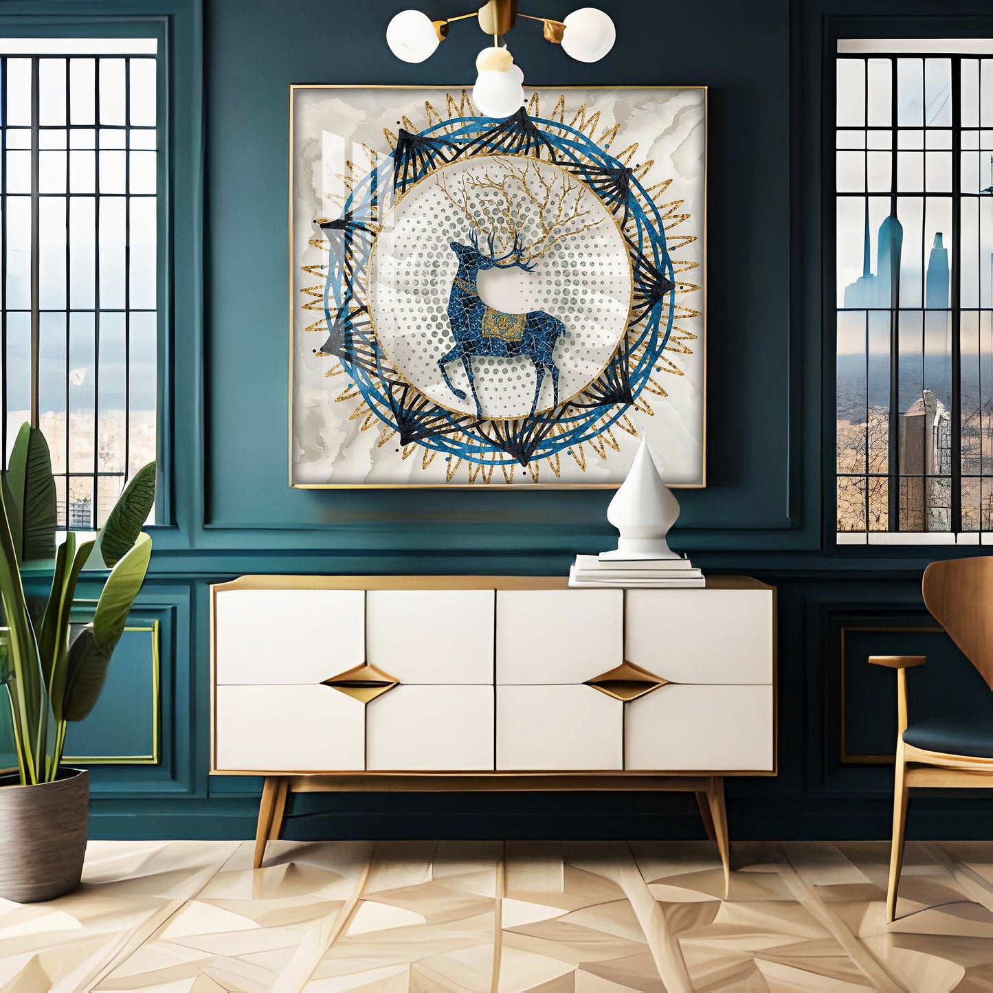 Blue Deer With White Background Premium Acrylic Square Wall Art