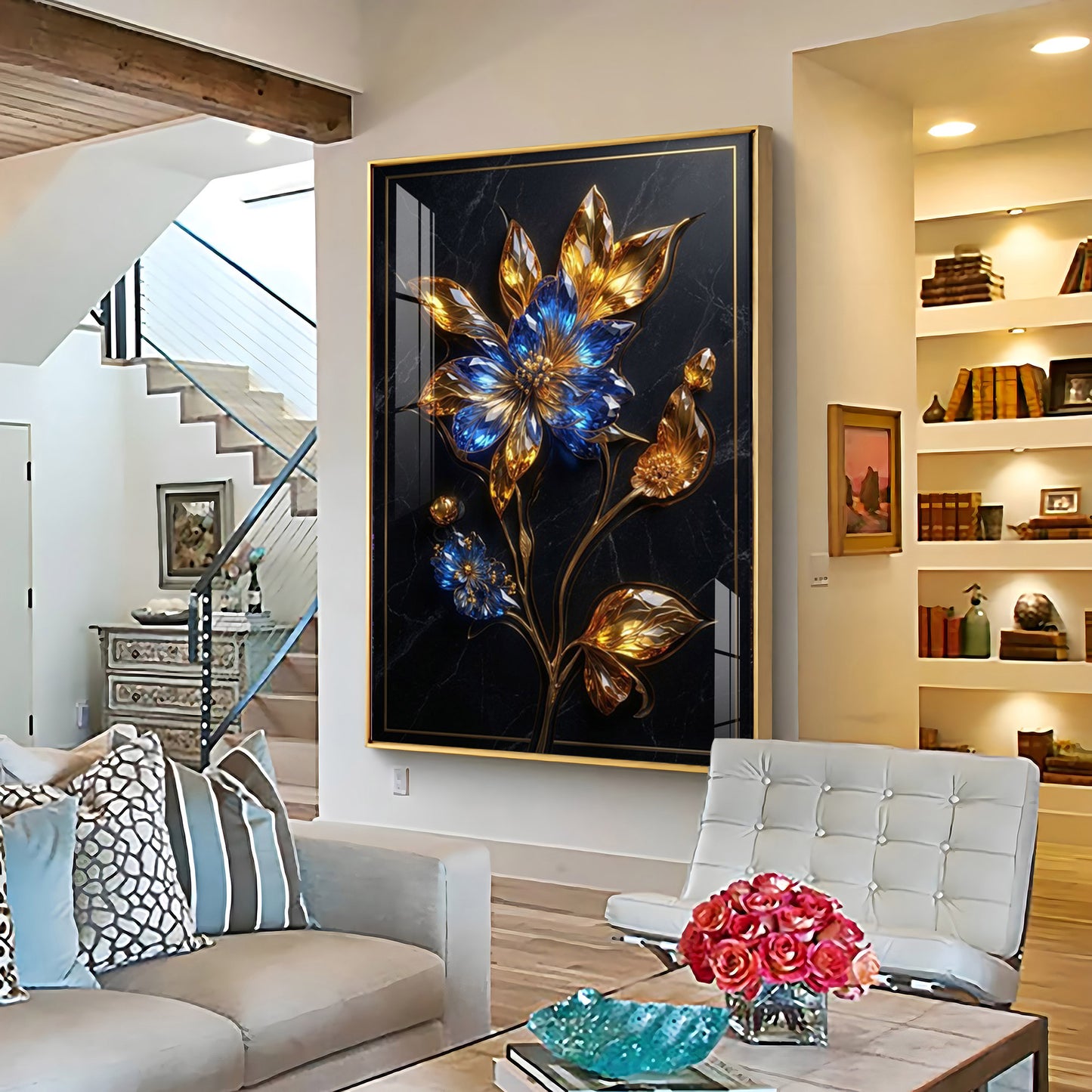 Blue & Gold Flower Premium Acrylic Vertical Wall Art