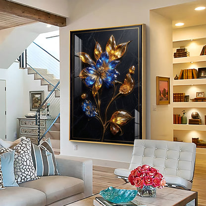 Blue & Gold Flower Premium Acrylic Vertical Wall Art
