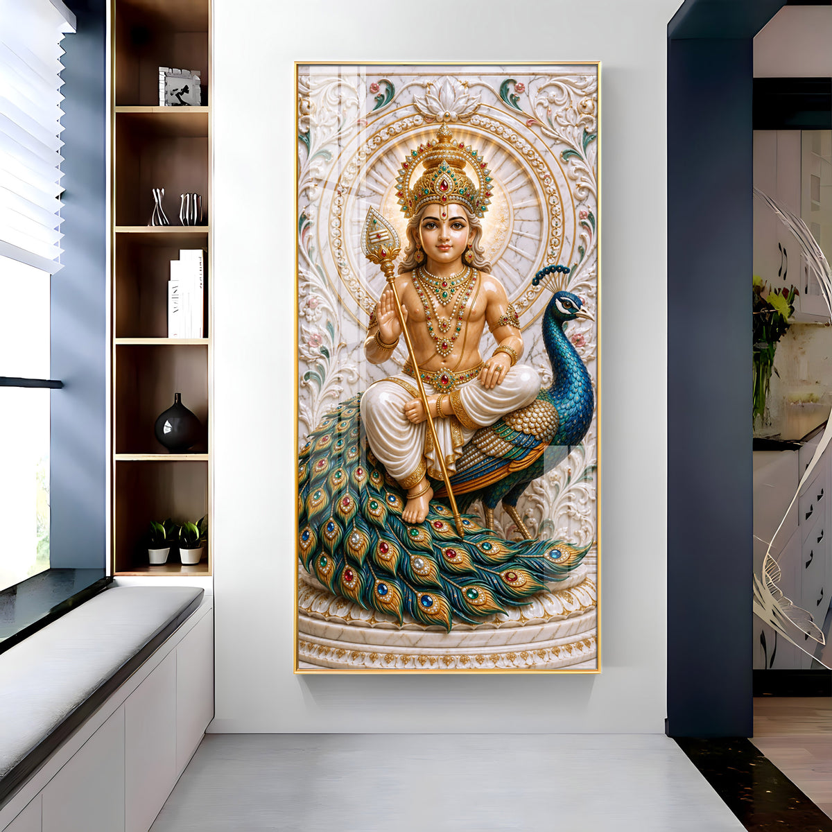 Holy Murugan With Peacock Premium Acrylic Vertical Wall Art
