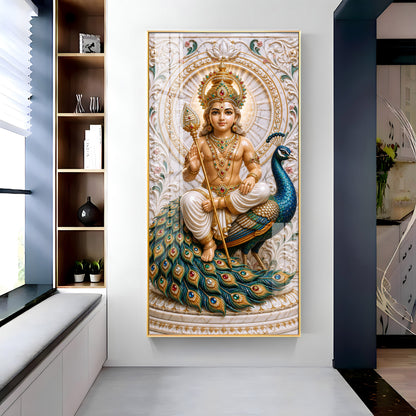 Holy Murugan With Peacock Premium Acrylic Vertical Wall Art
