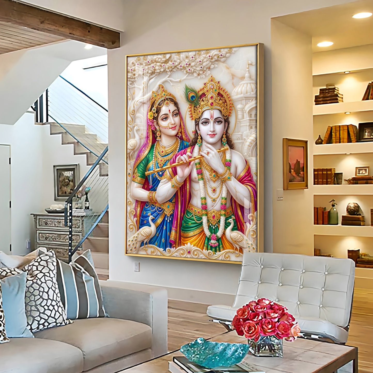 Krishna & Shri Radha With Flute Premium Acrylic Vertical Wall Art