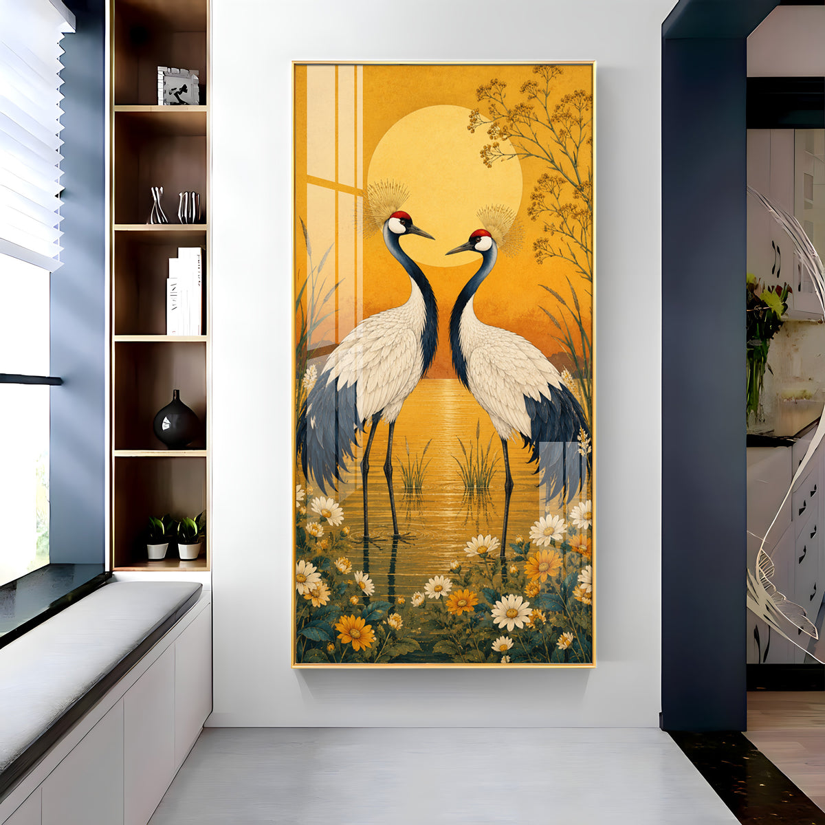 Golden Sunset Crane Birds Premium Acrylic Vertical Wall Art