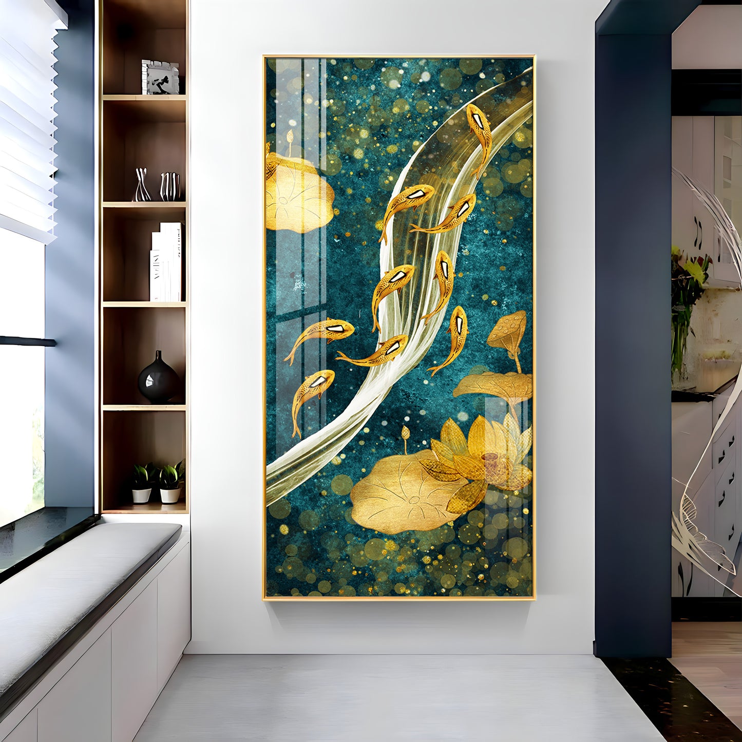 Modern Golden Koi Fish & Lotus Premium Acrylic Vertical Wall Art