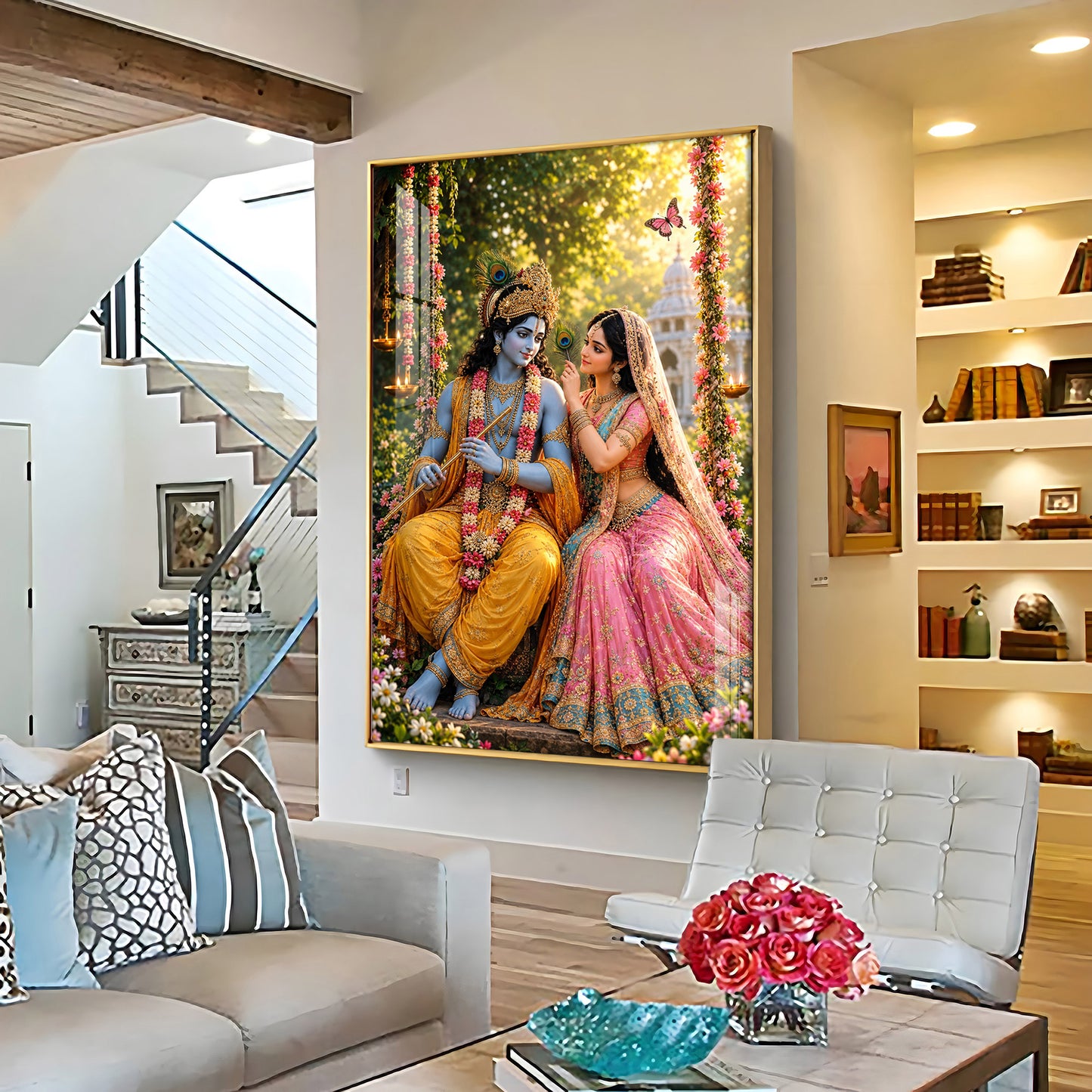 Lord Krishna Holding A Flute With Radha Premium Acrylic Vertical Wall Art