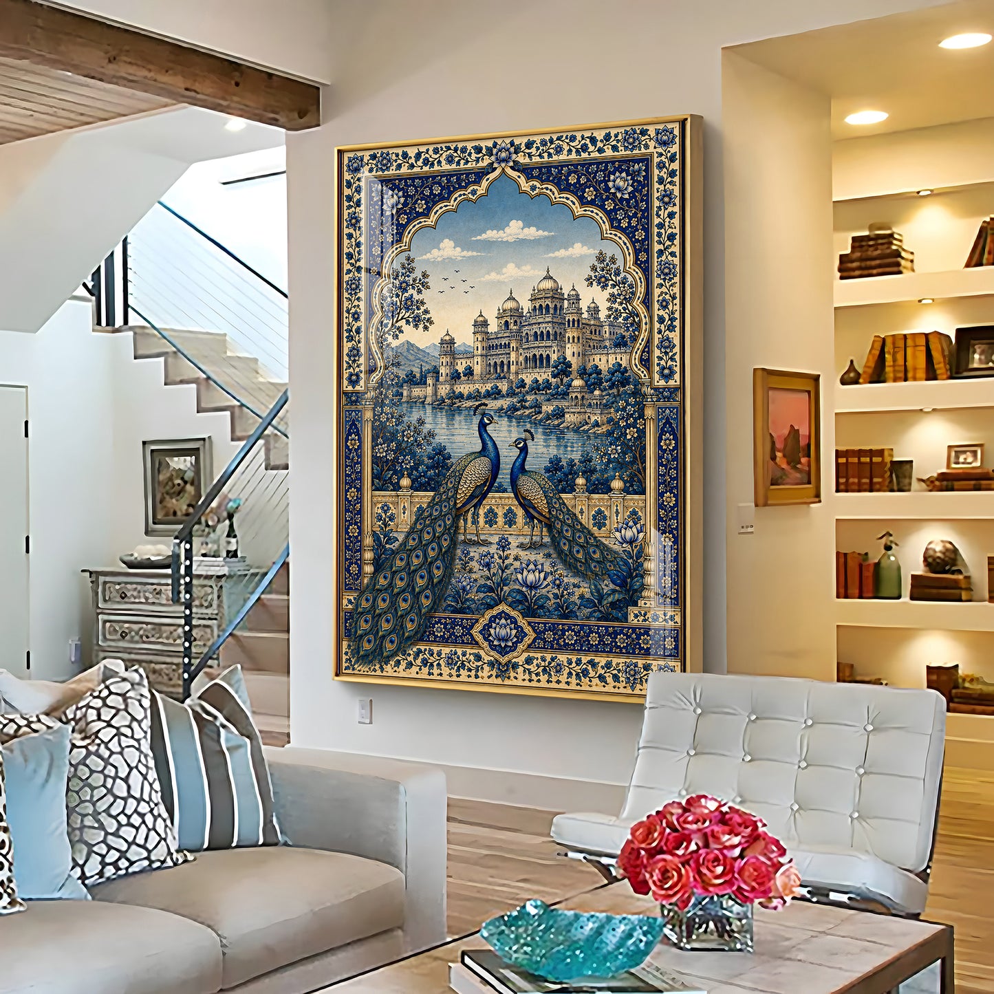 Royal Blue Peacocks & Palace Premium Acrylic Vertical Wall Art