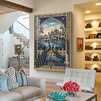Royal Blue Peacocks & Palace Premium Acrylic Vertical Wall Art