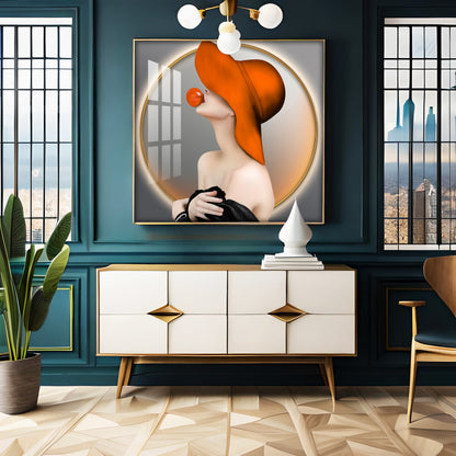 Modern Girl With Hat Premium Acrylic Square Wall Art