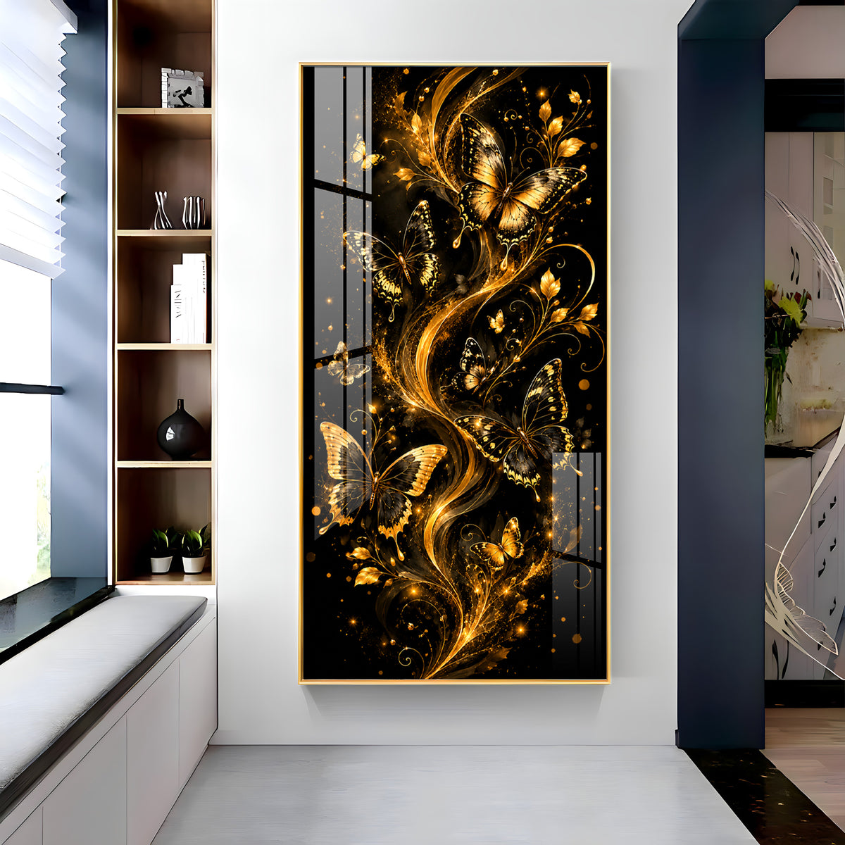 Graceful Golden Butterflies & Floral Swirls Premium Acrylic Vertical Wall Art