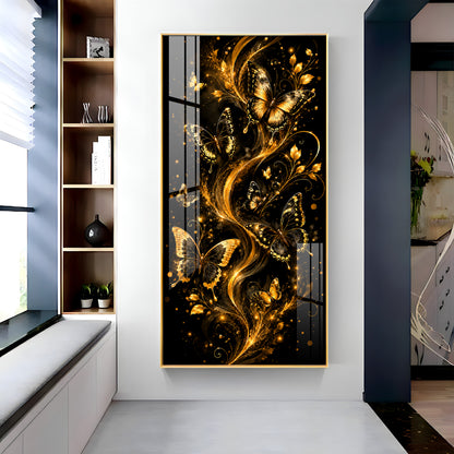 Graceful Golden Butterflies & Floral Swirls Premium Acrylic Vertical Wall Art