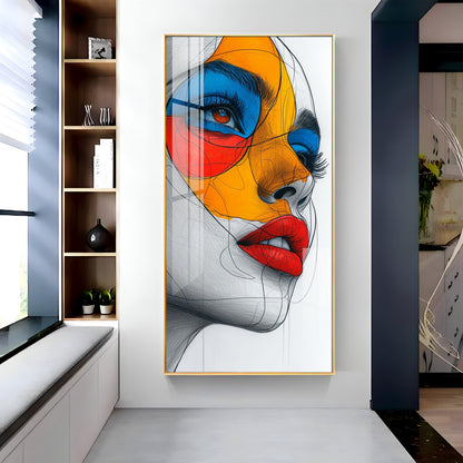 Vibrant Geometric Mask Girl Premium Acrylic Vertical Wall Art