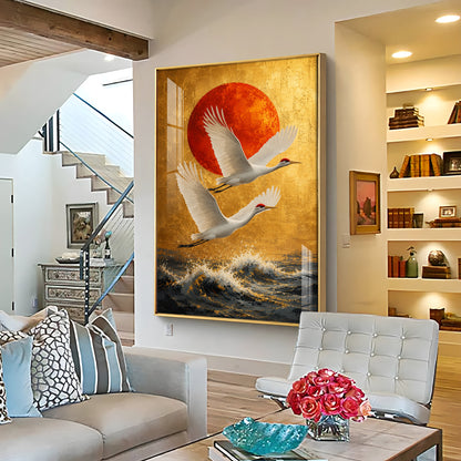 Cranes Over the Ocean & Red Sun Premium Acrylic Vertical Wall Art