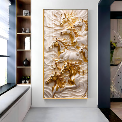 White & Gold Horses Premium Acrylic Vertical Wall Art