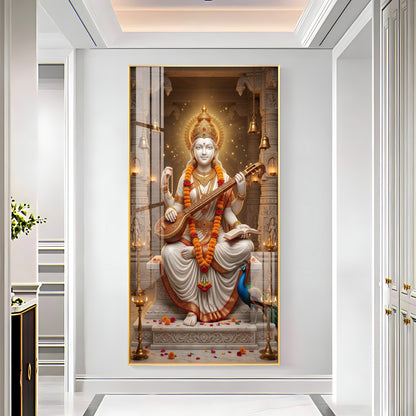 Divine Harmony Of Saraswati Maa Premium Acrylic Vertical Wall Art