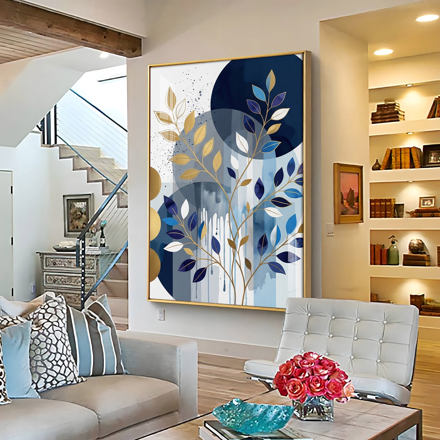 Colourfull Leaves Against Blue & Gold Circles Premium Acrylic Vertical Wall Art